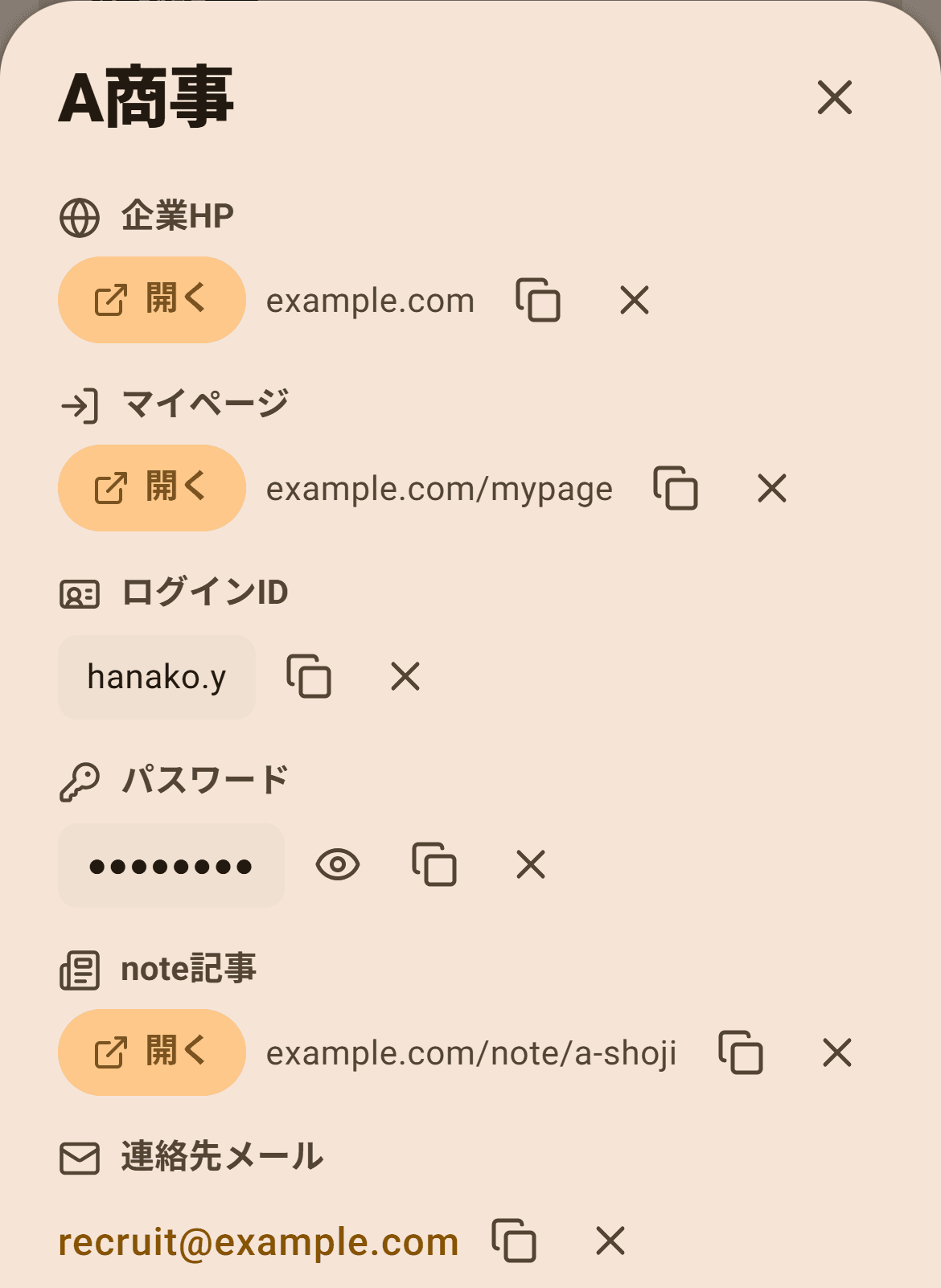 企業ごとの情報。企業HP・マイページ・パスワード・note記事を開く・コピーするボタンと、提出するESの一覧